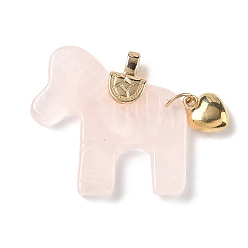 Розовый Кварц Резные подвески из натурального розового кварца, Подвески в виде лошади с латунным сердцем, золотые, 37.5~38.5x38.5~42x8~8.5 мм, отверстие : 5.5x3.5 мм