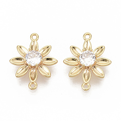 Настоящее золото 18K Латунные соединители с кубическим цирконием, без никеля , цветок, прозрачные, реальный 18 k позолоченный, 15x11.5x3.5 мм, отверстие : 0.8 мм