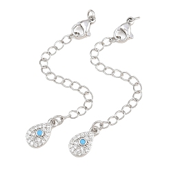 Platinum Brass Curb Chain Extender, End Chains with Lobster Claw Clasps and Cubic Zirconia Charms, Teardrop, Platinum, 75mm, Hole: 2.4mm