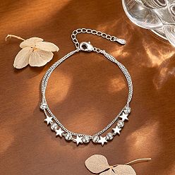 Platinum Brass Star Grooved Round Beaded 2-strand Bracelets for Women, Platinum, 6.30 inch(16cm)