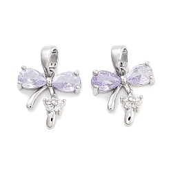 лаванда Латунные микро проложить кубического циркония подвески, платина, бантом, лаванда, 13x13x3.5 мм, отверстие : 5x3 мм