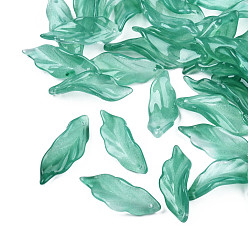 Medium Sea Green Transparent Spray Painted Glass Pendants, Leaf, Medium Sea Green, 33~34x12x7~9mm, Hole: 1.5mm