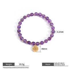 Améthyste Bracelets extensibles en perles d'améthyste naturelle rondes à facettes de mm, 6.2 Bracelets en acier inoxydable avec pendentif arbre de vie pour femmes, or, 304 pouce (7.48 cm)