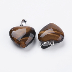 Tiger Eye Natural Tiger Eye Pendants, with Brass Findings, Heart, Platinum, 23x20x7~9mm, Hole: 5x8mm