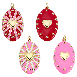 (52) Непрозрачная лаванда 4 шт. 4 стили овальные с сердцем латунные подвески с микропаве из кубического циркония, с эмалью и кольцом для прыжков, стойки покрытие, долговечный, без свинца и без кадмия, реальный 18 k позолоченный, разноцветные, 37.5x21x7.5 мм, отверстие : 3 мм