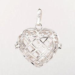 Platinum Eco-Friendly Rack Plating Brass Hollow Heart Cage Pendants, For Chime Ball Pendant Necklaces Making, Cadmium Free & Nickel Free & Lead Free, Platinum, 31x32x16mm, Hole: 9x4mm, inner: 26x23mm
