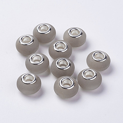 Dark Gray Resin European Beads, with Silver Color Plated Brass Double Cores, Imitation Cat Eye, Frosted, Rondelle, Dark Gray, 14x8.5mm, Hole: 5mm