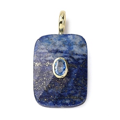 Ляпис-Лазурь Граненые подвески из натурального лазурита, Прямоугольные подвески с латунными фианитами в оправе., стойки покрытие, золотые, 33~34x18x7.5~8 мм, отверстие : 4 мм