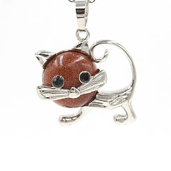 Goldstone Synthetic Goldstone Pendants, with Platinum Plated Brass Findings, Cat Shape Charms, 35x29x10mm