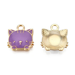 Medium Purple Eco-Friendly Zinc Alloy  Pendants, with Enamel, Cat Shape, Cadmium Free & Nickel Free & Lead Free, Golden, Medium Purple, 15x13x3mm, Hole: 2mm