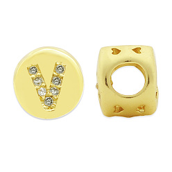 Letter V Brass Micro Pave Clear Cubic Zirconia Beads, Flat Round with Letter, Letter.V, 7.5x6.5mm, Hole: 3.5mm, 3pcs/bag