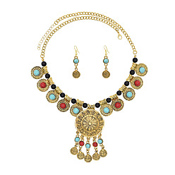 Античное Золото Комплекты ожерелий и серег с подвесками из искусственной бирюзы в виде монеты, сплав ювелирных изделий, античное золото , 540 мм