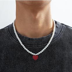 Сердце ПВХ кулон с инициалом, пластиковые жемчужины, круглые бусины, ожерелья для женщин и мужчин, платина, белые, сердце, 17.72 дюйм (45 см)