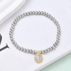 Jesus Браслеты с овальными подвесками из латуни, латунные круглые бусины эластичные браслеты для женщин, стойки покрытие, долговечный, без свинца и без кадмия, настоящее золото и платина, Иисус, внутренний диаметр: 1-7/8 дюйм (4.8 см)