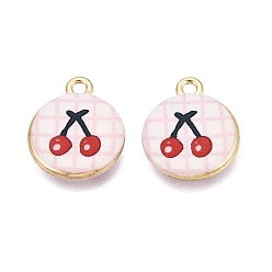 Crimson Printed Alloy Pendants, Rack Plating, Flat Round & Cheery Charms, Cadmium Free & Nickel Free & Lead Free, Golden, Crimson, 18x15x3.5mm, Hole: 1.8mm