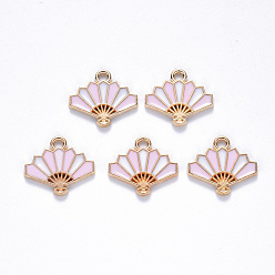 Pink Подвески из эмалированного сплава в китайском стиле, вентилятор, золотой свет, розовые, 15x17x1.5 мм, отверстие : 1.6 мм