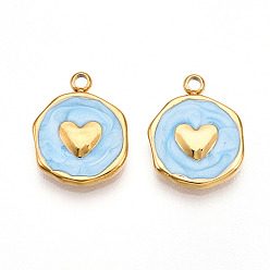 Светло-Голубой 304 подвески из нержавеющей стали, с эмалью, плоский круглый с сердечками, ионное покрытие (ip), реальный 18 k позолоченный, Небесно-голубой, 16x12.5x2.5 мм, отверстие : 1.6~1.8 мм
