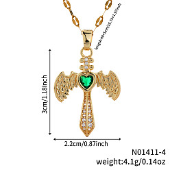 Изумруд Ожерелья с подвеской в виде меча в стиле ретро хип-хоп из латуни, полностью украшенные стразами, в форме сердца и крыла для женщин, золотые, изумруд, 15.75 дюйм (40 см)
