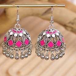 Темно-Розовый Богемные эмалированные серьги-люстры из сплава, колокол, с застежкой для висячих сережек, платина, темно-розовыми, 46x25 мм