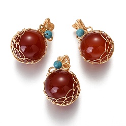 Красный Агат Натуральный сердолик и бирюзовые подвески, с фурнитурой позолоченной латунной, круглые, 26.5~28x17~17.5x16.5 мм, отверстие : 3~5 мм