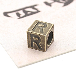 Letter R Европейские бусины из антикварного бронзового сплава, бусины с большим отверстием, куб с письмом, Буква R, 7x7x7 мм, отверстие : 5 мм