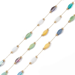 Золотой 304 цепи из нержавеющей стали ссылка, со стеклянными бусинами-ромбами и катушкой, несварные, золотые, 2~8x0.7~4.5x0.2~2.5 мм