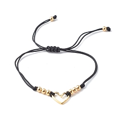 Black Adjustable Nylon Thread Braided Bead Bracelets, with Brass Beads, Heart, Black, Inner Diameter: 1/2~3-1/2 inch(1.4~8.9cm)