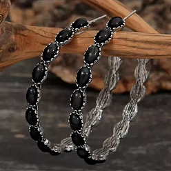 Black Synthetic Turquoise Big Ring Stud Earrings, Antique Silver Boho Zinc Alloy Half Hoop Earrings, Black, 46x5mm