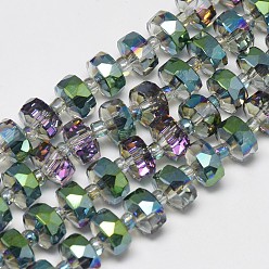 Green Electroplate Glass Beads Strands, Rainbow Plated, Faceted, Flat Round, Green, 7~8x5mm, Hole: 1mm, about 80pcs/strand, 21.26 inch