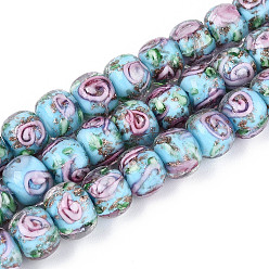 Светло-Голубой Нити бусин-рондель с внутренним цветком ручной работы в технике лэмпворк, с золотой порошок, Небесно-голубой, 8~10x10~11 мм, отверстие : 0.9~1.4 мм, около 35 шт / нитка, 10.83~11.42'' (27.5~29 см)