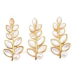 Золотой Брошь из белой ракушки из латуни, стойки покрытие, лист, золотые, 44.5x21 мм