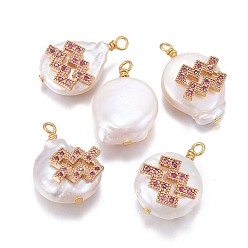 Aquarius Natural Cultured Freshwater Pearl Pendants, with Brass Micro Pave Cubic Zirconia Findings, Nuggets with Constellation, Golden, Fuchsia, Aquarius, 17~22x11~16x5~11mm, Hole: 1.6mm