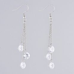 White 304 Stainless Steel Dangle Earrings, Cable Chains, with Cubic Zirconia Charms, White, 73mm, Pin: 0.6mm