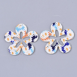 Farbig Pu-Leder große Anhänger, doppelseitiges Gänseblümchenmuster, Blume, Farbig, 50x51x2 mm, Bohrung: 1 mm