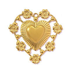 Real 14K Gold Filled 304 подвески из нержавеющей стали, подвеска в форме сердца с цветочным узором, ионное покрытие (ip), долговечный, real 14 k золото заполнено, 38x37 мм, отверстие: 2.10 мм