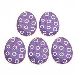 Medium Purple Spray Painted Brass Pendants, Christmas Theme, Oval with Spot Pattern, Light Gold, Cadmium Free & Nickel Free & Lead Free, Medium Purple, 48x36x0.3mm, Hole: 1.6mm