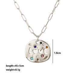 Разноцветный День матери 304 Подвеска из нержавеющей стали в виде диска неправильной формы с инкрустацией кубическим цирконием и полым кулоном со словом «любовь» для женщин, цвет нержавеющей стали, красочный, 17.72 дюйм (45 см)