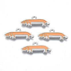 Dark Orange Rack Plating Alloy Enamel Pendants, Lead Free & Nickel Free & Cadmium Free, Platinum, Dog, Dark Orange, 9.5x24.5x2mm, Hole: 1.6mm