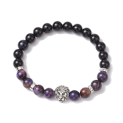 Фиолетовый 8 Эластичные браслеты из натурального тигрового глаза и черного оникса, круглые мм мм, браслеты из сплава льва для женщин и мужчин, фиолетовые, внутренний диаметр: 2-1/8 дюйм (5.5 см)