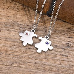 Stainless Steel Color Stainless Steel Micro Pave Cubic Zirconia Pendants Couples Neckalces, Rolo Chains, Puzzle, Stainless Steel Color, 17.72 inch(45cm), 2pcs/set