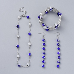 Weiß Böser blick lampwork schmuck sets, Wickelarmbänder & Ohrringe & Halsketten, Mit facettiertem glas, unmagnetische synthetischen Hämatit, Messingrohrperlen und 304 Edelstahlzubehör, weiß, 2-1/8 Zoll (5.5 cm), 14.7 Zoll (37.5 cm), 110 mm, Stift: 0.8 mm
