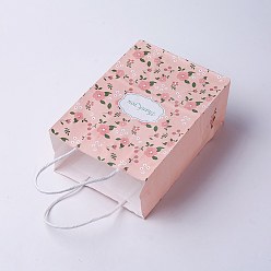Pink kraft Paper Bags, with Handles, Gift Bags, Shopping Bags, Rectangle, Flower Pattern, Pink, 27x21x10cm