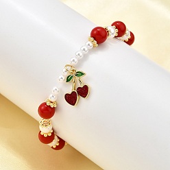 Вишня Латунь браслеты простирания, с эмалевыми подвесками и пластиковыми бусинами с имитацией жемчуга и стеклянными бусинами, стойки покрытие, золотые, вишня, внутренний диаметр: 1-7/8 дюйм (4.85 см)