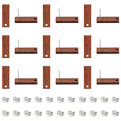 Rectangle 15 пара сережек-гвоздиков из орехового дерева, с 304 штифтами из нержавеющей стали и 30 шт. 201 фрикционными ушными гайками из нержавеющей стали, прямоугольные, 20x6.5 мм, отверстие : 1.6 мм, штифты : 0.7 мм