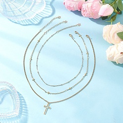 Золотой 304 цепочка с подвеской-крестиком из нержавеющей стали 3 многослойные ожерелья для женщин, золотые, 14.65~18.39 дюйм (37.2~46.7 см), 3 шт / комплект