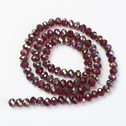 Dark Red Electroplate Transparent Glass Beads Strands, Half Rose Gold Plated, Faceted, Rondelle, Dark Red, 3x2mm, Hole: 0.8mm, about 150~155pcs/strand, 15~16 inch(38~40cm)