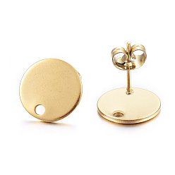 Golden Ion Plating(IP) 304 Stainless Steel Stud Earring Findings, with Loop and Flat Plate, Ear Nuts/Earring Backs, Flat Round, Golden, 12x12x1mm, Hole: 1.4mm