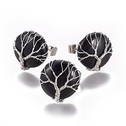 Обсидиан Регулируемые кольца из натурального обсидиана, с латунной фурнитурой платинового цвета, плоско-круглые, Размер 8, 18 мм