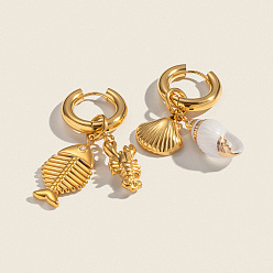 Настоящее золото 18K 304 серьги-кольца из нержавеющей стали в форме ракушки, слева и справа, реальный 18 k позолоченный, 50x20 мм