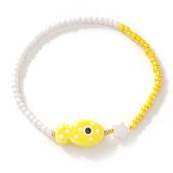 Желтый Эластичные браслеты ручной работы из фарфора и смоляных бусин для женщин, рыба и звезда, с оболочкой, желтые, 6.89 дюйм (17.5 см)
